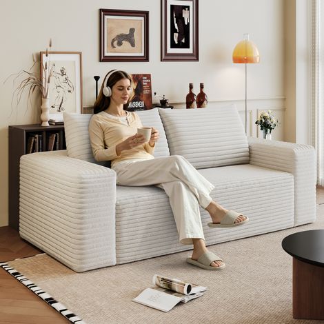 Canapé compressé 2 places en velours côtelé de 180 cm avec assise profonde,Design minimaliste,Canapé en mousse,Idéal pour salon,Blanc
