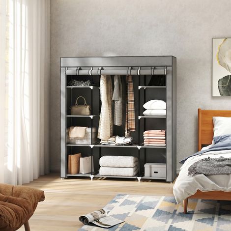 Armoire rangement penderie tissu pliable barre suspension étagères 150x43x162.5 cm gris clair. Armoire tissu pour vos vêtements, compacte et fonctionnelle. (1/5)