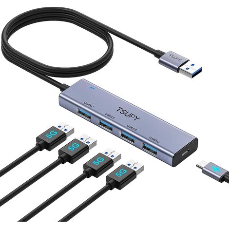 Multi HUB USB 3.0, 5 Gbit/s,120CM Long Cable HUB, Boîtier en Aluminium Port USB Multiple pour PC, Macbook,Surface Pro, Disque Dur Mobile, clés USB et Plus (1/5)