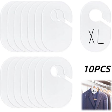 Paquete de 10 etiquetas divisorias de tallas de ropa blancas de 10 x 17 cm con centro redondo de 4 cm. (1/5)