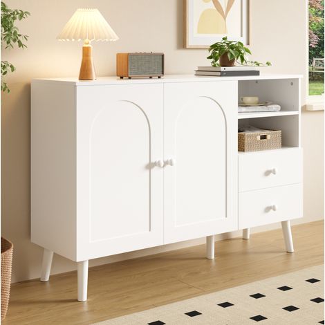 Aparador blanco con 2 puertas, 2 cajones y 2 compartimentos abiertos, 118 x 35 x 82 cm, OKWISH (1/5)