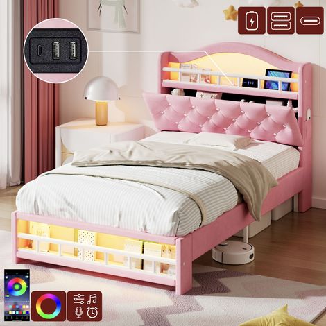 3ft Single Upholstered Velvet Bed Frame, LED Bed Frame with Charging Station & Diamond Tufted Headboard, Concealed Headboard Storage with USB and Type - C Ports, Easy Assembly, Pink (No Mattress) (1/5)