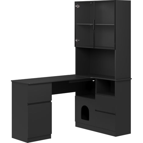 Bureau d'angle avec étagère et vitrine LED 120×80×180 cm - avec 3 tiroirs, 2 portes et passe-câbles, pour bureau à domicile (1/5)