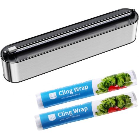 Derouleur Film Alimentaire - Fixation Magnétique et Murale sans Perçage, Distributeur Papier Aluminium et Film pour Organisation la Cuisine - Inclus 2x100m Rouleaux, Acier Inox Argenté (1/5)