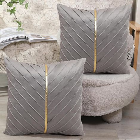 Fodere per cuscini in velluto grigio 45x45 cm, set da 2 con inserti dorati, stile rustico, per giardino, divano, letto, soggiorno, camera da letto, elegante arredamento moderno.