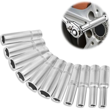 11 pièces 6,3 mm Jeu de Douilles, 4-13 mm Six Pans Douilles Visseuse à Cliquet pour Réparations mécaniques Automobiles Argenté (1/5)