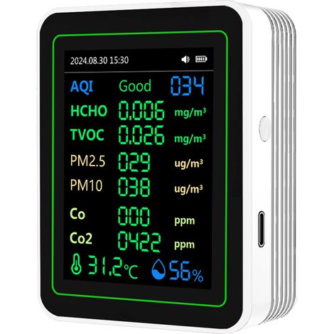 Testeur de qualité de l'air CO2, HCHO, COVT, PM2.5, PM10, capteur de température et d'humidité, écran TFT, blanc (1/5)