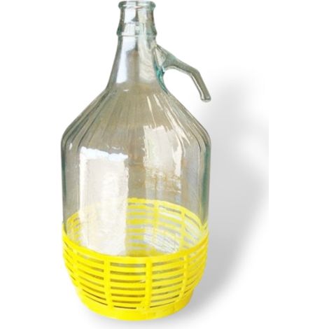 Damigiana in vetro 5 litri per olio e vino con cestino giallo in plastica predisposta per tappi a pressione