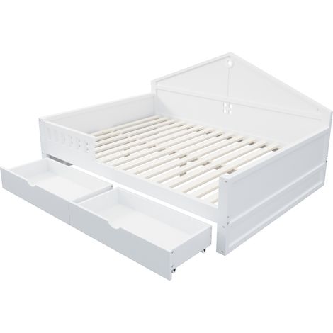 Cama 140 x 200 cm con LED, 2 cajones y somier de láminas blanca MODENUIT (1/5)