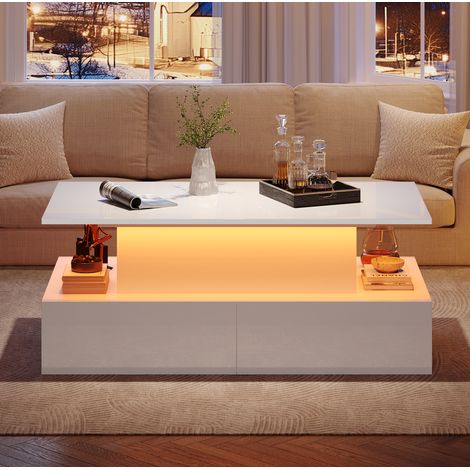 Mesa de centro 90x55x41 cm blanca en tablero de partículas con LED, 4 cajones y sobre elevable (1/5)