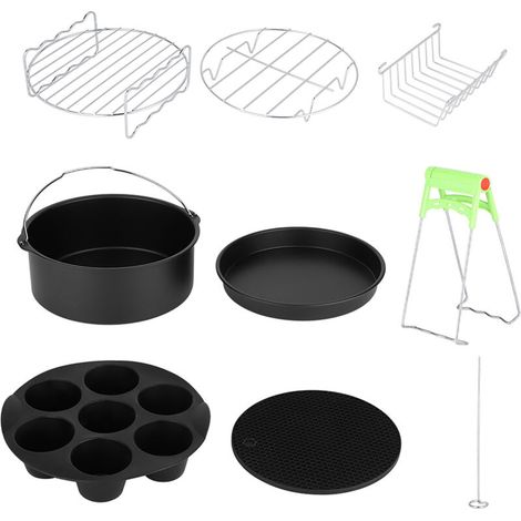 Accesorios para freidora de aire de 8 pulgadas: kit de acero inoxidable de 8 piezas con soporte para brochetas y molde para pasteles.