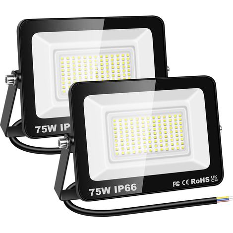 2x 75W Projecteur d'extérieur Led, 7500LM Luminaire Exterieur, IP66 étanche Éclairage de Sécurité, Projecteur led lampe de Patio Garage Terrasse Jardin Chantier, 6000K Blanc Froid