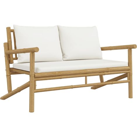 Banc de jardin Banc extérieur Banquette de jardin avec coussins blanc crème bambou (1/5)