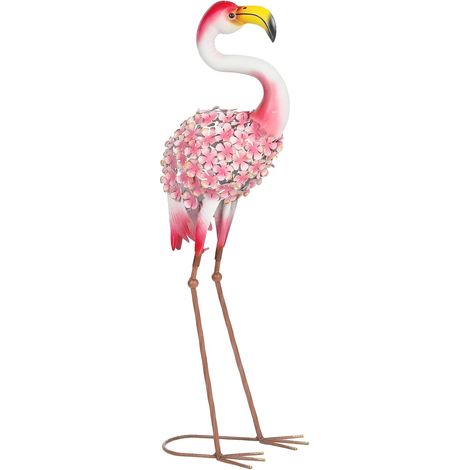 Statue de Jardin Flamant Rose, Sculpture d'Oiseau en Métal avec Plumes Florales, Décoration Extérieure avec Piquets de Fixation pour Jardin, Terrasse ou Paysage, Rouge (1/5)