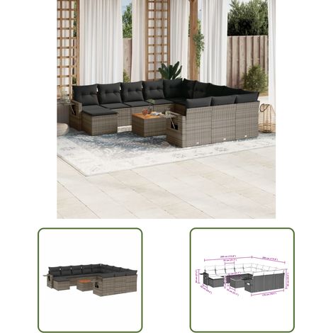 The Living Store 13-tlg. Garten-Sofagarnitur mit Kissen Grau Poly Rattan - Gartenmöbel Set - PE-Rattan Möbel - Outdoor Lounge - Esszimmergarnitur - Balkonmöbel (1/3)