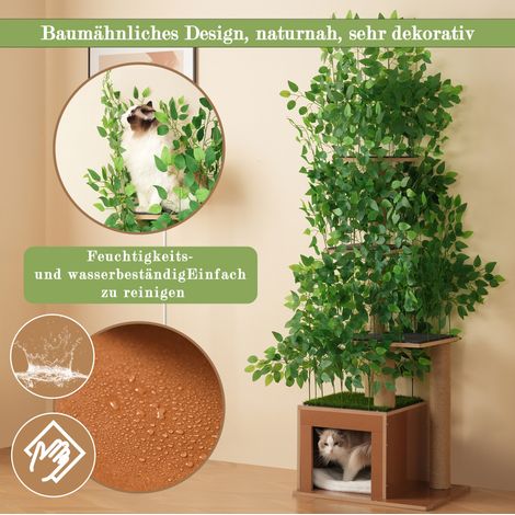Arbre à Chat 190 cm Forme Arbre avec 4 Plateformes, Niche et Feuilles Amovibles, MDF Étanche Anti-Rayures, Vert et Naturel