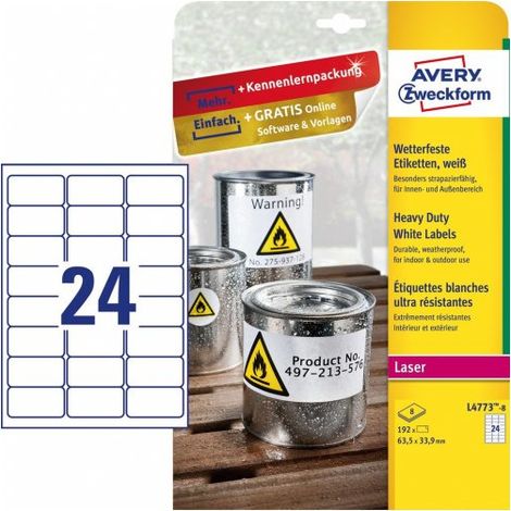 PAQUETE 8 HOJAS ETIQUETAS DE POLIÉSTER BLANCO PARA IMPRESORAS LÁSER 63,5X33,9 MM AVERY L4773-8