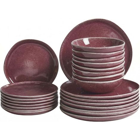 Set of 24 Pieces Burgundy Stoneware Kaolin Handmade Reactive Glaze Finish Service for 8 People Kitchen Dining Room HOPS