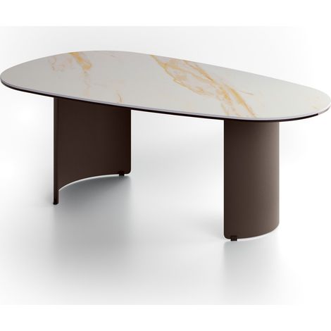 Tavolino da Salotto Dolmen in Ceramica su Vetro e Struttura in Metallo Verniciato Bronzo - Design Moderno 100x55x35 cm - Raffinato (1/2)