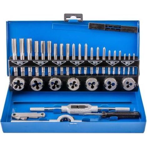 Lot de 32 Tarauds et Filières Métriques en Alliage de Tungstène Robuste avec Etui de Rangement en Métal Bleu (1/5)