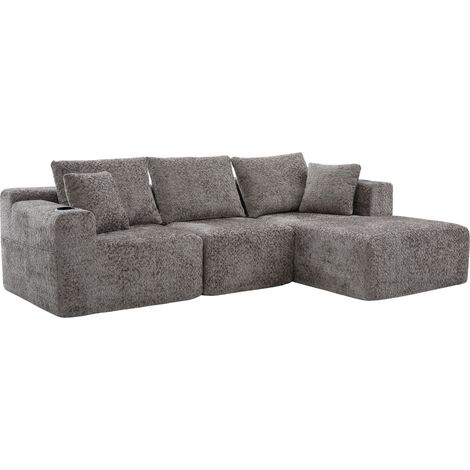 Sofá esquinero modular compacto de 102" gris oscuro en chenilla, con portavasos y sin montaje (1/5)