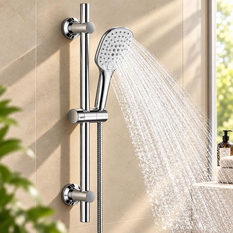 JOHO – Barre de douche sans robinetterie – Set de douche avec douchette à main XXL 3 jets – Barre 70 cm en acier inoxydable – Support mural réglable et coulissant – Finition chromée (1/5)
