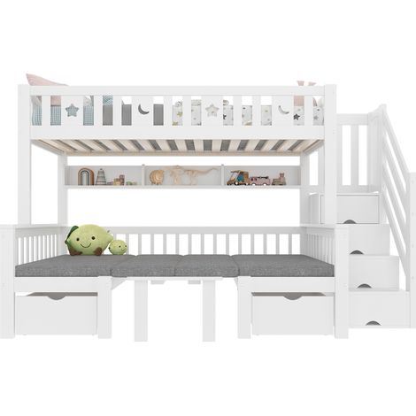 Lit mezzanine 90x200 avec bureau escamotable, escalier de rangement, barrières de sécurité et couchage enfant, blanc gain de place - CHICFURN (1/5)