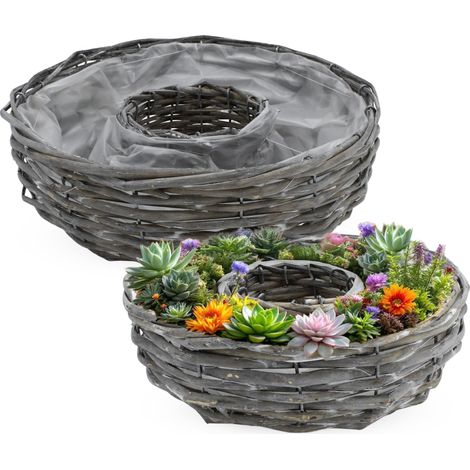 Rattan Pflanzring natur mit Folie 2er Set - 30 / 25 cm - Naturfaser Blumenschale zum direkten Bepflanzen