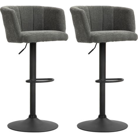 Set de 2 tabourets de bar, dossier en skaï, réglable en hauteur, repose-pieds, pour cuisine ou salle à manger, piètement métal, gris foncé (1/5)