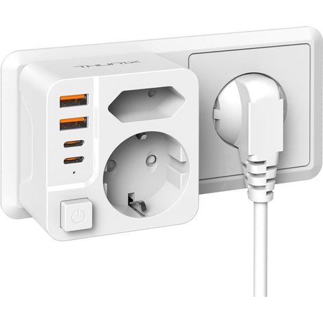 Prise Multiple USB, Multiprise Murale 2 Prises 4000W, Compact Electrique Prise 2 Ports Typ C,2 Ports USB A avec Interrupteur pour Les Voyages-Blanc (1/5)