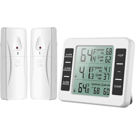 ZOLGINAH Thermomètre de Frigo Congelateur, Thermomètre de Réfrigérateur sans Fil avec 2 Capteurs, Alarme Sonore, Min/Max, Thermomètre In/Extérieur pour Maison Cuisine Restaurant Bars Café