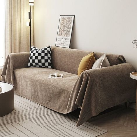 Brun café 180x180 Housse de canapé en chenille, couleur unie, anti-griffures de chat, toutes saisons, couverture intégrale (1/5)