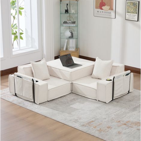 Divano modulare 2 posti in velluto a coste beige, 2 cuscini, 162 x 78 x 66 cm (1/5)