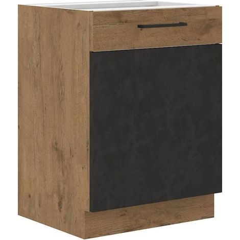 Meuble bas ROCK - Mélaminé décor chene lancelot et gris matera - 1 porte - L60 x H82 cm (1/4)