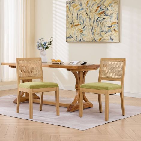 Lot de 2 chaises de salle à manger en rotin, style ferme dossier canne, cadre bois dur naturel, coussin éponge ressorts S, vert olive, 56x48x86,5 cm (1/5)