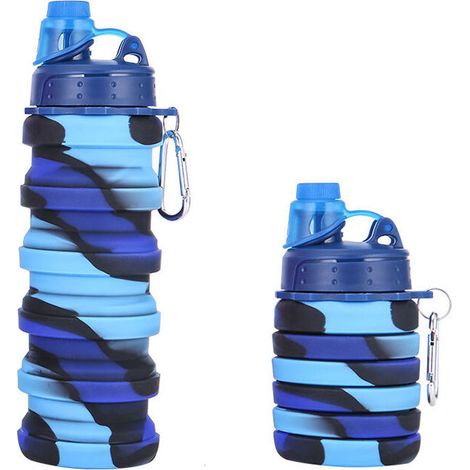 Bouteille d'eau en silicone étanche pliable portable pour enfants avec bandoulière pour filles(Camouflage bleu A) (1/5)