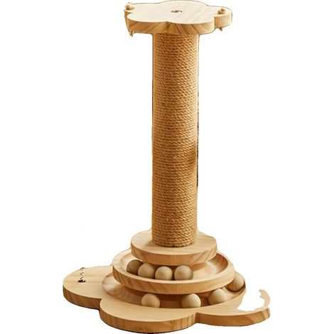Rascador para gatos, material de madera, 46 cm de alto, doble nivel, bola de seguimiento horizontal, incluye 2 bolas. (1/5)
