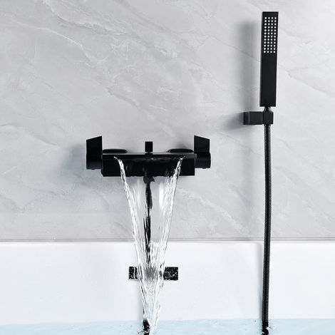 SJQKA Wandmontierter Wasserfall-Badewannen-Wasserhahn, Wandmontierter Wasserfall-Duschkopf, heißer und kalter Badewannen-Wasserhahn (schwarz) (1/5)