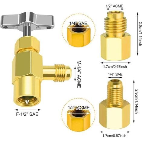 3Pcs R134A Refrigerant,avec Adaptateurs De Réservoir,Adaptateur1/2 Acme,Robinet de Réfrigérant,pour Tuyau de Charge de Réfrigérant avec Vanne,pour Bouteille Gaz Réfrigérant R134a (1/4)