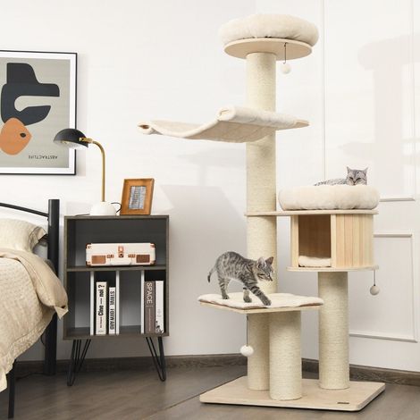 Arbre a chat de 174 cm en bois massif tour a chat a 4 etages naturel (1/5)