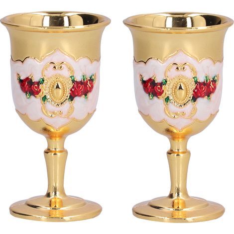 2 pièces Gobelets Métal Motif Fleur Peint Style Vintage Verre à Vin pour Bar Cadeau Boisson Élégant Doré, Blanc (1/5)