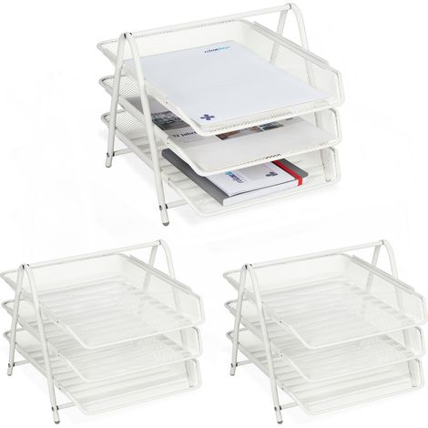 3x Vaschetta Portadocumenti in Metallo, 3 Vassoio, Design a Griglia, Portalettere A4, 26,5x29,5x35,5 cm, Bianco