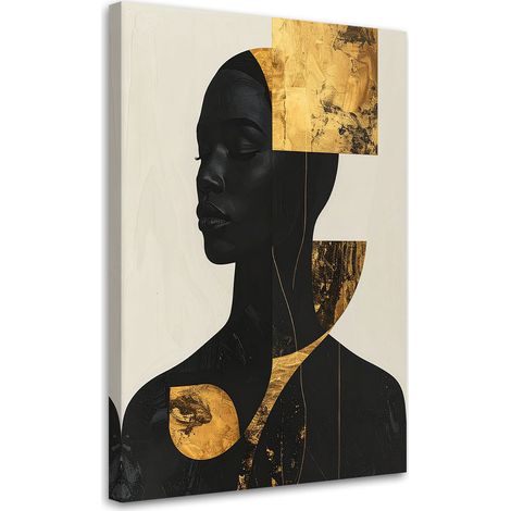 Stampe su Tela, Profilo di una donna in una composizione geometrica nera e oro. - 70x100 (1/2)
