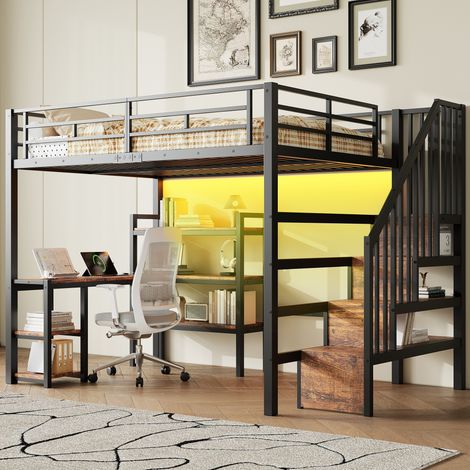 Lit mezzanine enfant 140x200cm avec escalier, bureau intégré, rangements,métal Lit superposé double avec USB et éclairage LED,sans matelas(Noir)