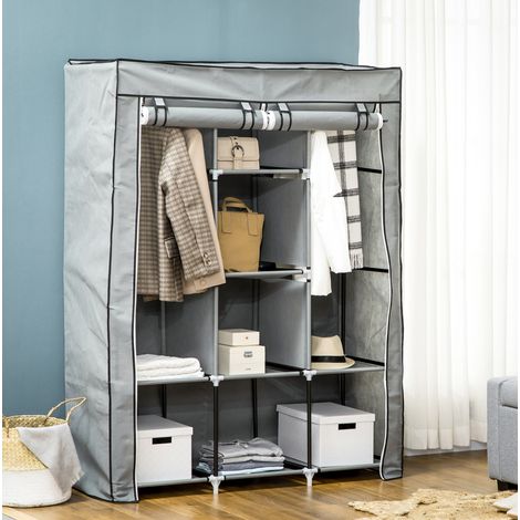 Armoire en tissu avec barres de penderie, 8 étagères, gris clair HAVRYA (1/5)