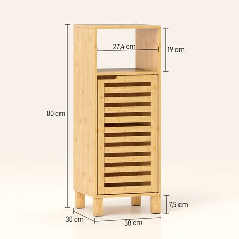 Meuble de salle de bain, étagère ouverte, armoire, bois de bambou, porte à lattes, marron clair (1/5)
