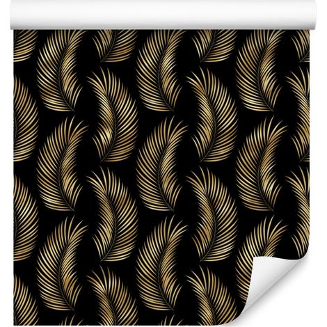 Papier peint à motif tropical noir et or, fond ocre, centre ocre, 50 x 1000 cm (1/5)