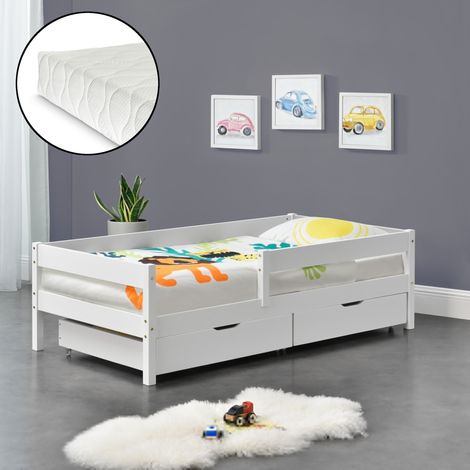 Cama para niños Borgarnes con colchón, 2 cajones, somier y protección contra caídas - pino 90 x 200 cm - Blanco [en.casa] (1/5)