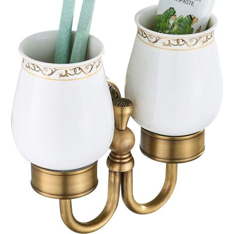 Kit salle de bain rétro solide cuivre et verre céramique forme double porte brosse à dents sculpté, revêtement Bronze Montage mural de conservation Bain Accessoires Accessoires décor (1/5)