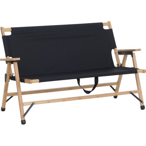 Banco de camping de bambú HHG-891, banco de exterior, banco de picnic, banco de jardín, plegable, asa de transporte, tela/tejido, 117 cm, negro